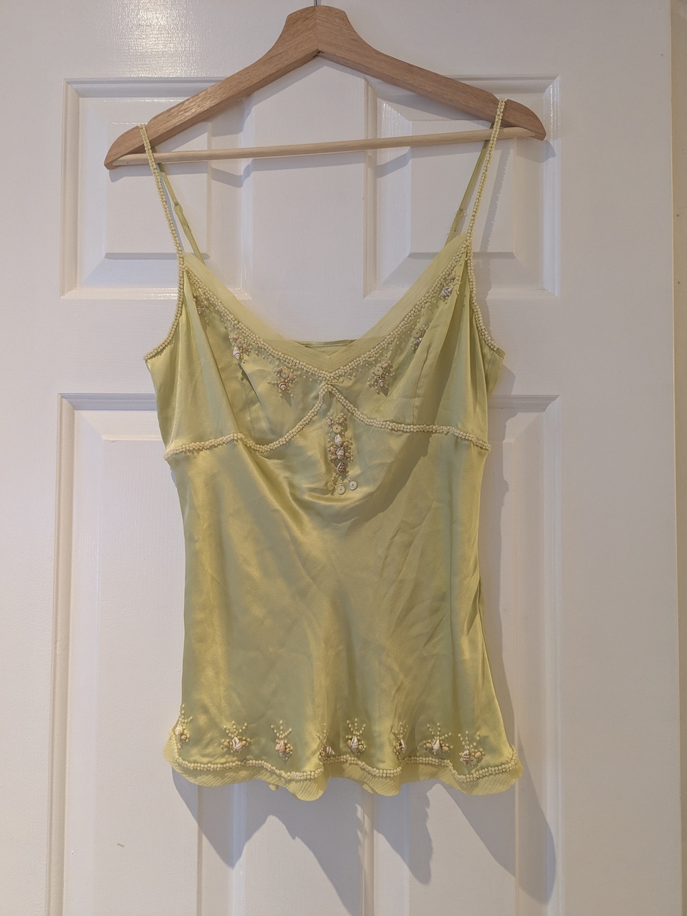 Vintage Y2K Silk Camisole Top Beaded Chartreuse Coquette Fairycore Mermaid S